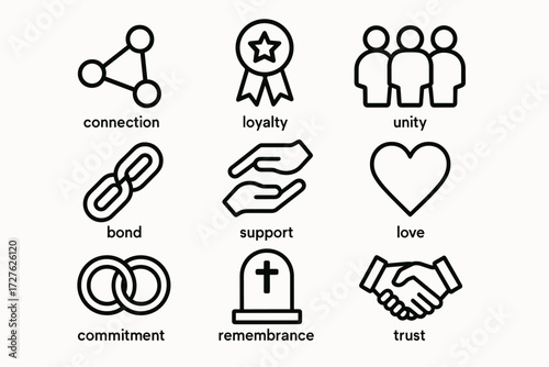 Connection Icons. Concepts icons in outline style: connection, loyalty, unity, bond, support, love, commitment, remembrance, trust