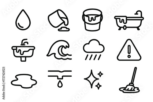 Water Overflow Icons. Basic overflow icons in outline style: water droplet, spilled cup, bucket overflowing, bathtub overflowing, sink with water,