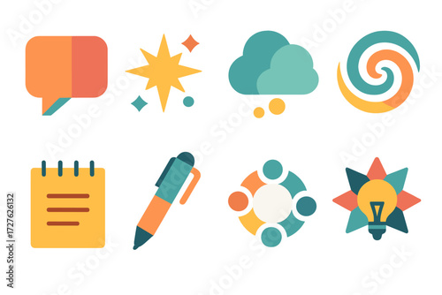 Idea Icons. Creative ideas set of icons in abstract flat : speech bubble, spark, thought cloud, brainstorming swirl, notepad, pen, teamwork circle,