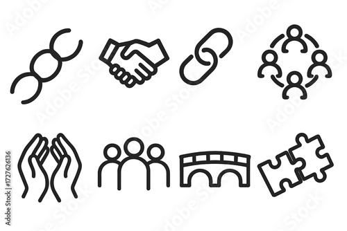 Connection Icons Display. Connection icons icons in outline style: bond symbol, handshake, chain link, unity circle, partnership hands, group avatars
