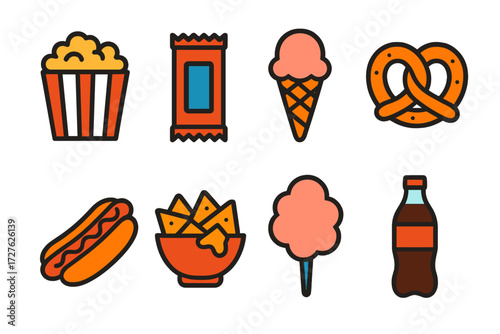 Modern Theater Snacks. Theater treats set in modern flat vector : popcorn tub, candy bar, ice cream cone, pretzel, hot dog, nachos, cotton candy, soda