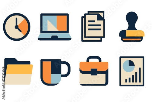 Urgent Work Icons. Work urgency set of icons in abstract flat : deadline clock, laptop, document stack, approval stamp, folder, coffee mug, briefcase