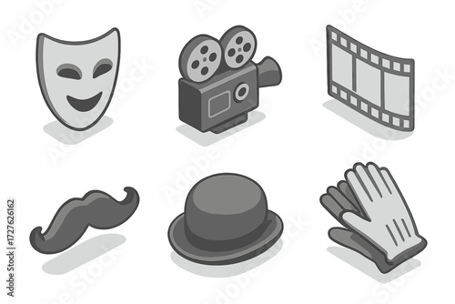 Vintage Film Iconography. Old movie style set icons in modern isometric flat : monochrome mask, projector, filmstrip, mustache icon, bowler hat,