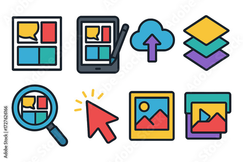 Digital Comic Tools. Digital comics in modern flat vector : comic frame, tablet, stylus pen, upload cloud, layer icon, magnifier, cursor, gallery.