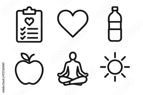 Health and Wellness Icons. Healthy living icons in outline style: wellbeing plan, heart symbol, water bottle, apple, yoga pose, sunshine