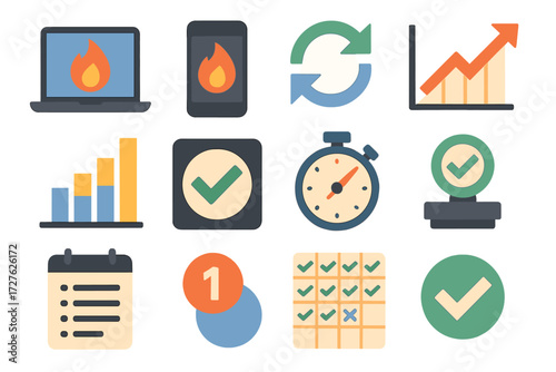 Productivity Icon Set. Productivity streaks set of icons in abstract flat : laptop with streak flame, smartphone app streak, recurring loop arrows,