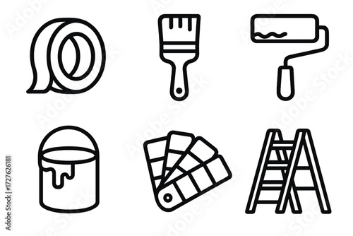Art Tools Icons. Painting tools icons in outline style: painter’s tape roll, paintbrush, paint roller, paint bucket, color palette, ladder