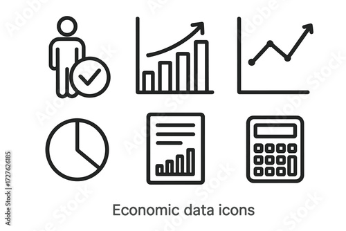 Economic Data Icons. Economic data icons in outline style: unemployment rate, bar chart, line graph, pie chart, report sheet, calculator