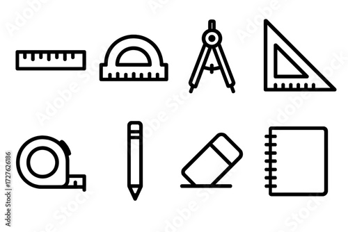 Measuring Tools Icons. Measuring tools icons in outline style: ruler, protractor, compass, triangle set square, tape measure, pencil, eraser,