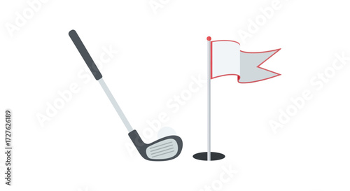 Golf Club and Flag with White Flag on Green Field.