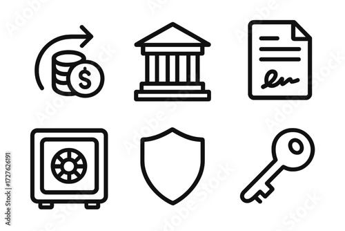 Banking Icons Set. Banking symbols icons in outline style: capital return, bank building, contract paper, safe box, shield, key
