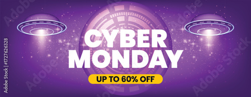 Modern Futuristic Cyber Monday Web Banner Template with Neon Glow Technology,3d spaceship Background, Editable Social Media Cover Design for Discount Promotion, Product, Retail Sale banner