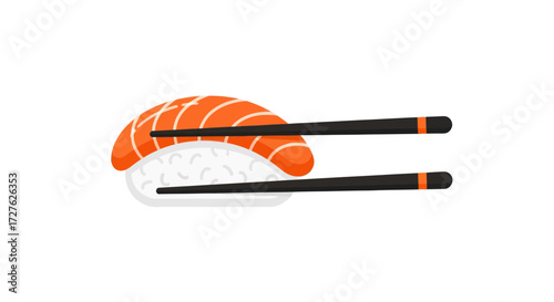 Single Piece of Salmon Nigiri Sushi with Chopsticks.
