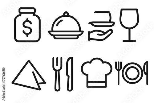 Restaurant Service Icons. Restaurant service icons in outline style: tip jar, plate with cover, tray, wine glass, napkin, cutlery, chef hat, table