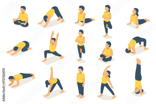 Isometric Yoga Icons. Yoga poses set icons in modern isometric flat : lotus pose, downward dog, upward dog, cobra pose, child’s pose, warrior pose,