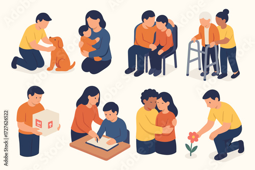 Compassionate Moments Icons. Situations set icons in modern isometric flat : person petting animal, parent holding child, friend comforting another,
