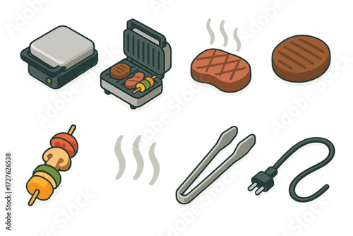 Isometric Grill Icon Set. Cooking grill icons set icons in modern isometric flat : electric grill closed, grill open with food, sizzling steak, burger