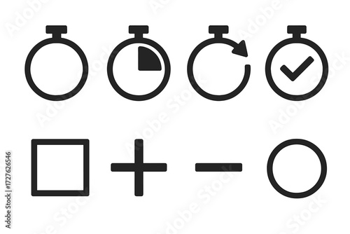Stopwatch Icons. Minimalist stopwatch set set of icons in abstract flat : plain circular timer, progress ring, arrow reset, tick mark, neutral