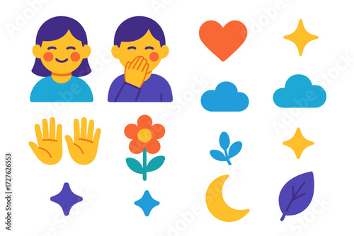 Shy Expressions Icons. Basic shyness in modern flat vector : face with blush, shy smile, person looking down, hand covering mouth, heart icon, small