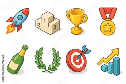 Victory Icons Set. Victory symbols set icons in modern isometric flat : turbo boost, podium, trophy, medal, champagne bottle, laurel wreath, target