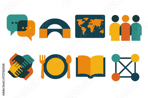 Intercultural Icon Set. Intercultural connection set of icons in abstract flat : dialogue bubbles, bridge, world map, diverse people icons, joined