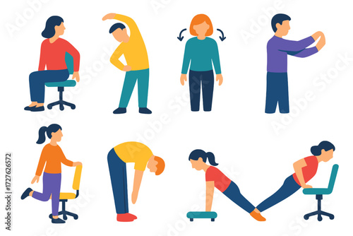 Office Stretch Icons. Office stretch icons in modern flat vector : seated back twist, standing side bend, shoulder roll, wrist stretch, neck tilt,