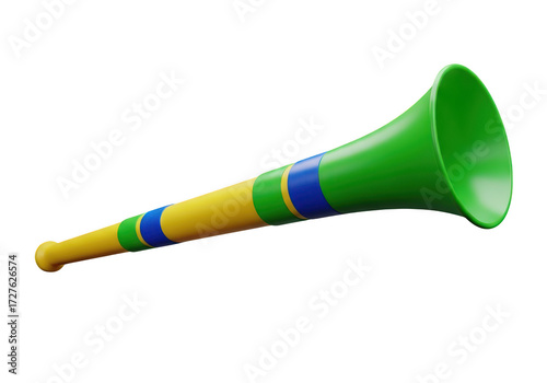 Brightly colored vuvuzela horn for sports events and celebrations isolated on transparent background