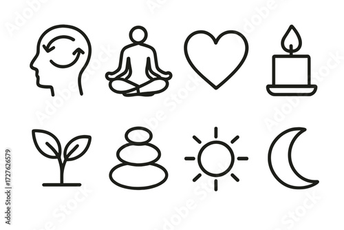 Wellness Journey Icons. Wellness journey icons in outline style: mindset shift, yoga pose, heart, candle flame, leaf sprout, wellness stones, sun,