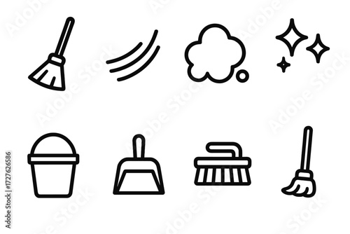 Cleaning Tools Icons. Cleaning sweep icons icons in outline style: broom, sweeping motion lines, dust cloud, floor sparkles, bucket, dustpan, brush,