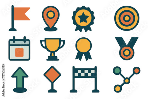 Milestone Icons Set. Project milestone markers set of icons in abstract flat : flag on pole, map pin, star badge, target bullseye, calendar date,
