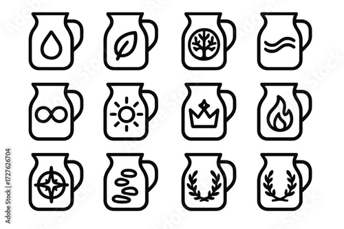 Milk Jug Symbols. Symbolic milk jug icons in outline style: droplet, eco leaf, tree of life, harmony wave, infinity loop, glowing aura, radiant sun,
