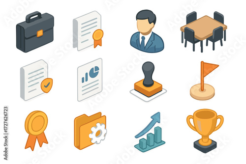 Office Admin Icons. Business admin access set icons in modern isometric flat : briefcase, contract paper, supervisor figure, meeting table, policy