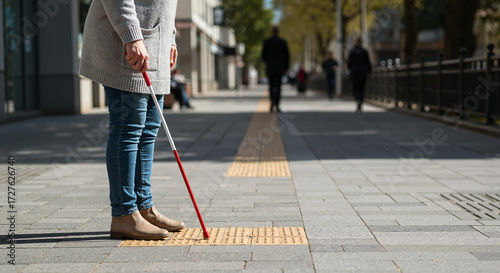 Woman using white cane while standing on tactile paving in city  