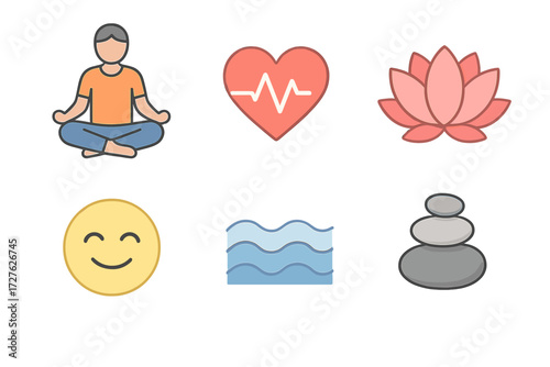 Stress Relief Icons. Stress control set icons in modern isometric flat : meditation pose, heartbeat, lotus flower, calm waves, smiling face, balanced