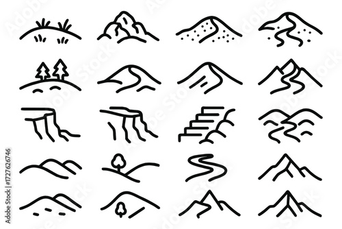 Outlined Terrain Icons. Terrain context icons in outline style: grassy hill, rocky hill, sandy slope, muddy trail, forest hill, desert dune, snowy