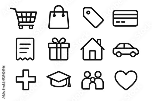 Personal Spending Icons. Personal spending icons in outline style: grocery cart, shopping bag, price tag, credit card, receipt, gift box, house, car,