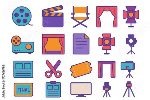 Cinema Icons Collection. Film endings in modern flat vector : film reel, clapperboard, director chair, stage curtain, projector, cinema screen, script
