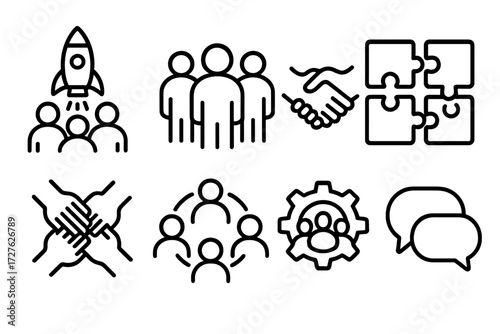 Teamwork Icon Set. Team effort icons in outline style: mission start, group avatars, handshake, puzzle pieces, partnership hands, unity circle, gear