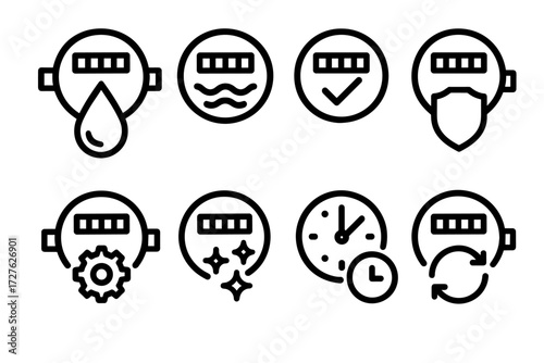 Utility Meter Icons. Symbols icons in outline style: water meter with droplet, meter with waves, meter with checkmark, meter with shield, meter with