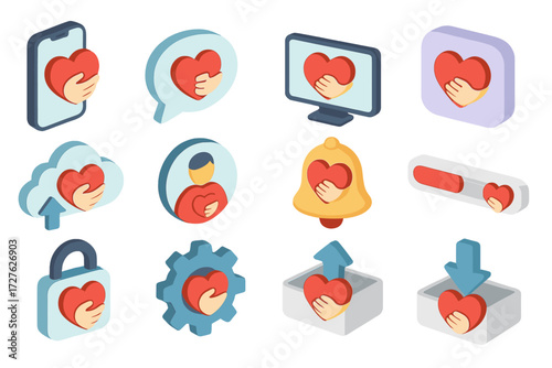 Digital Connectivity Icons. Digital heart hug set icons in modern isometric flat : smartphone with heart, online chat bubble, video call, app icon,