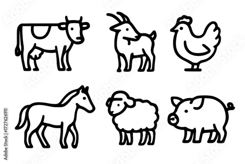 Farm Animal Icons. Farm animals icons in outline style: dairy cow, goat, chicken, pig, horse, sheep