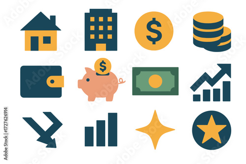 Housing Market Icons. Basic housing market set of icons in abstract flat : house, apartment building, dollar coin, coin stack, wallet, piggy bank,