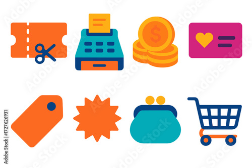 Savings Icons Collection. Store savings in modern flat vector : coupon clip, cash register, coin stack, loyalty card, price tag, sale badge, purse,