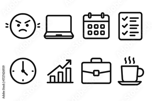 Work Drive Icons. Work drive icons in outline style: hustle mode, laptop, calendar, checklist, clock, rising graph, briefcase, coffee cup.
