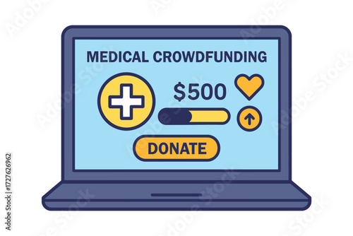 Laptop screen showing medical crowdfunding campaign with donate button and progress bar