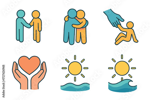 Support Icons Set. Support icons set icons in modern isometric flat : mutual respect, hug figures, helping hand, heart in hands, sunshine, calm wave