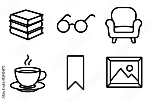 Book Nook Icons. Book lover’s nook icons in outline style: book stack, glasses, reading chair, tea cup, bookmark, framed picture