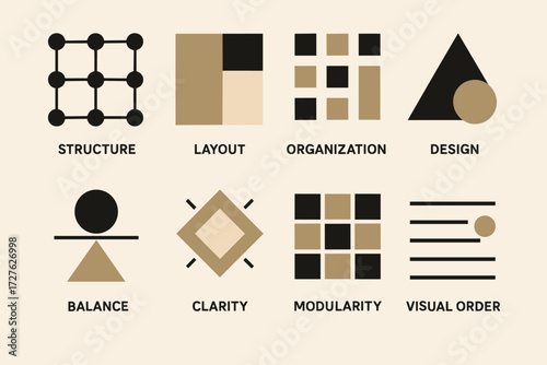 Design Icons. Concepts set of icons in abstract flat : structure, layout, organization, design, balance, clarity, modularity, visual order