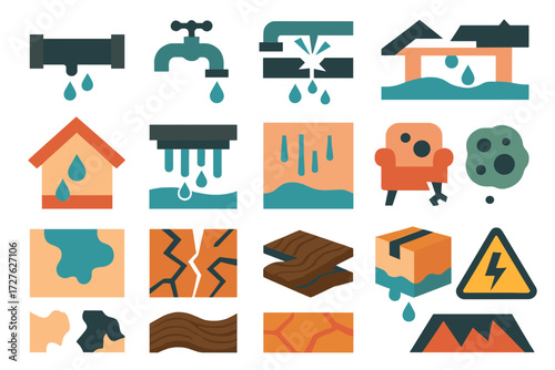 Water Damage Icons. Damage basics set of icons in abstract flat : leaking pipe, dripping faucet, burst pipe, flooded floor, broken roof, leaking