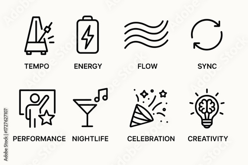 Creative Nightlife Concepts. Concepts icons in outline style: tempo, energy, flow, sync, performance, nightlife, celebration, creativity